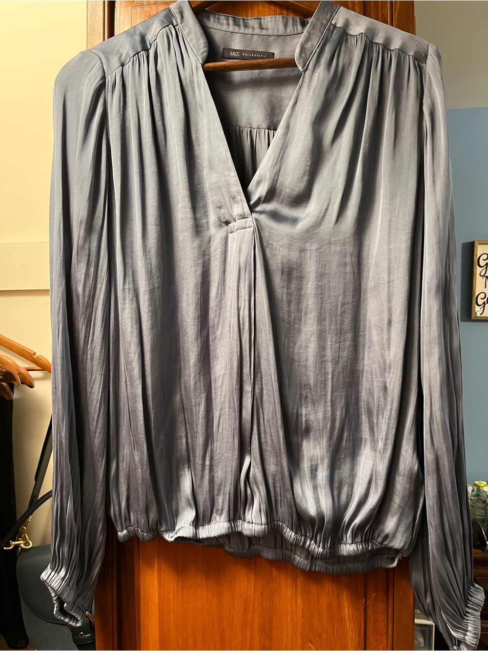 Blue V-Neck Gathered Satin Blouse